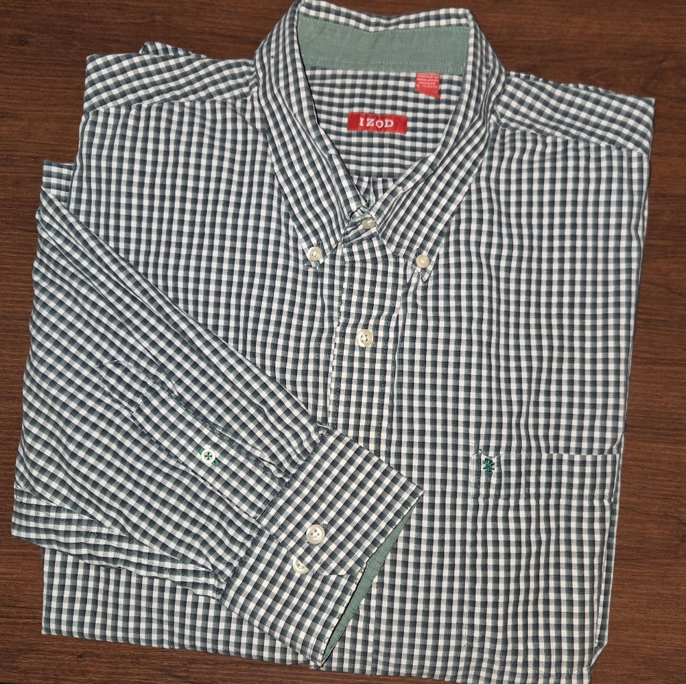 Izod Men-s Dresa Shirt, Green And White Checked, Size XXL